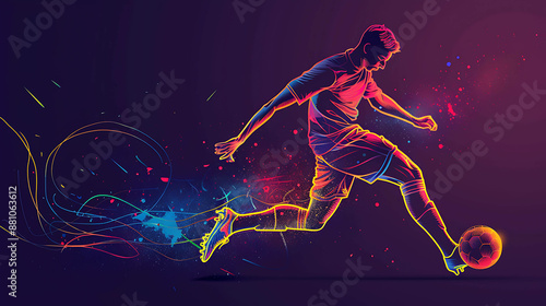 A soccer player in a colorful neon outline is kicking a soccer ball. The background is dark with a purple hue.