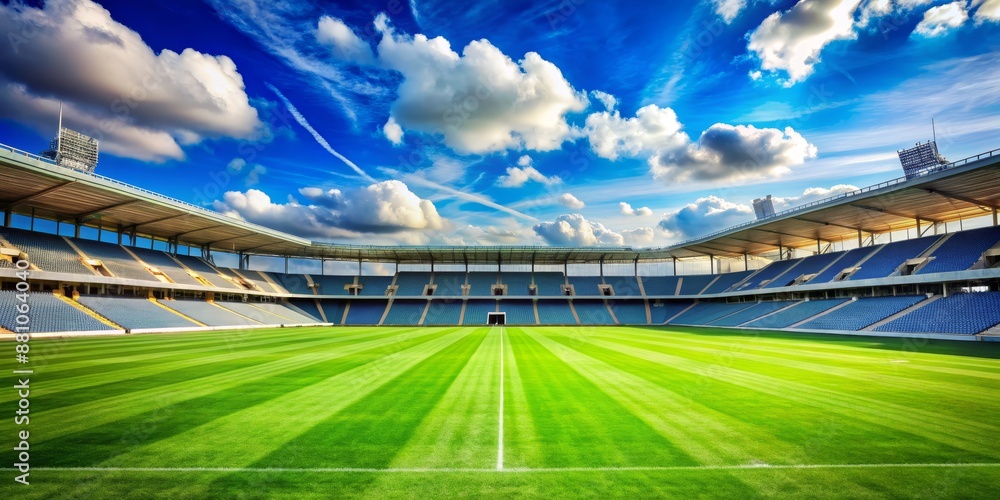 Wide Angle Perspective of a Football Stadium with a Blue Sky and White Clouds, stadium, football, soccer, sports Wide Angle Perspective of a Football Stadium with a Blue Sky and White Clouds, stadium, football, soccer, sports