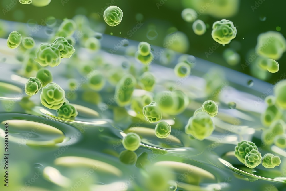 Close-up view of floating green microorganisms in a viscous fluid, against a blurred green background, abstract representation. Close-up view of floating green microorganisms in a viscous fluid, against a blurred green background, abstract representation.