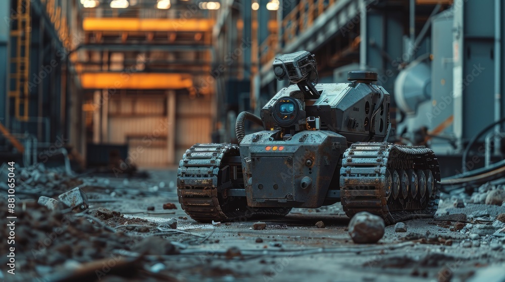 Image depicting a bomb disposal robot examining a device in an industrial zone.