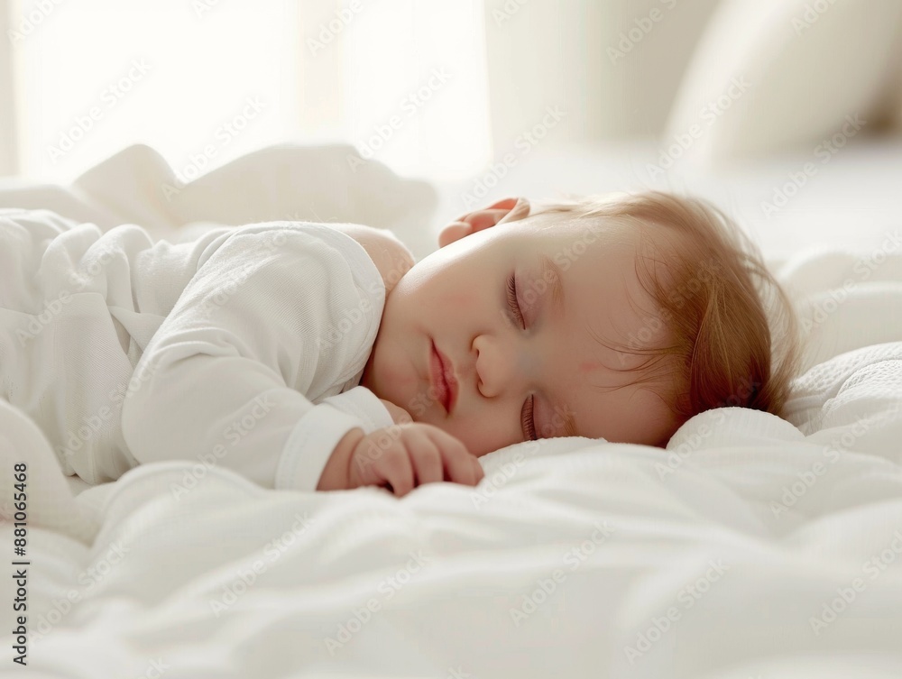 A baby in a white onesie sleeps peacefully on a white bed, soft light illuminates the scene. A baby in a white onesie sleeps peacefully on a white bed, soft light illuminates the scene.