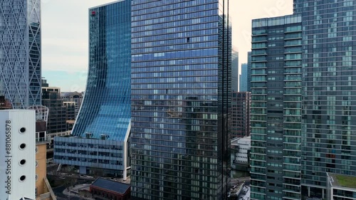 Canary Wharf Buildings and Skyscrapers in London Aerial View