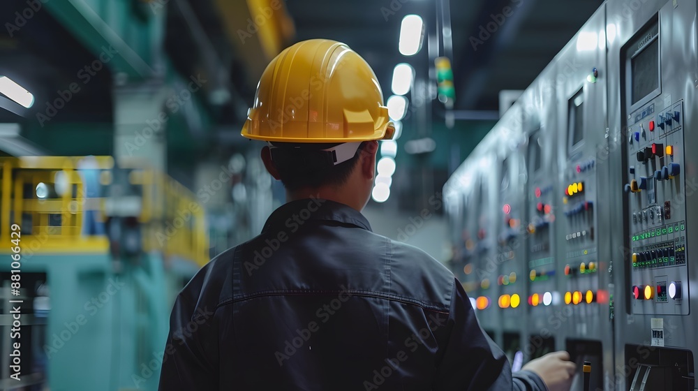 Factory worker checking electrical machine process at industrial worksite , wearing hard hat for safety Factory worker checking electrical machine process at industrial worksite , wearing hard hat for safety
