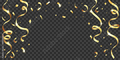 Glowing Golden Confetti Frame, Gold Ribbon, Christmas, New Year, Serpentine, Shiny Border, Golden Sparkles, Abstract Background, Border, Celebrate, Presentation, Vector Illustration