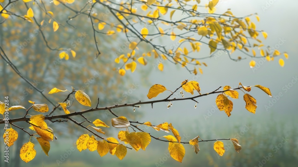 Birch branches with yellow leaves and catkins in misty morning setting space for text Birch branches with yellow leaves and catkins in misty morning setting space for text