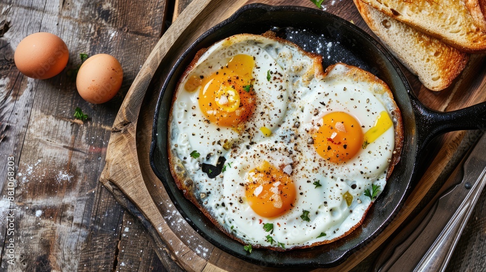 Breakfast of fried eggs in an old iron skillet with toast on a plate View from above Breakfast of fried eggs in an old iron skillet with toast on a plate View from above