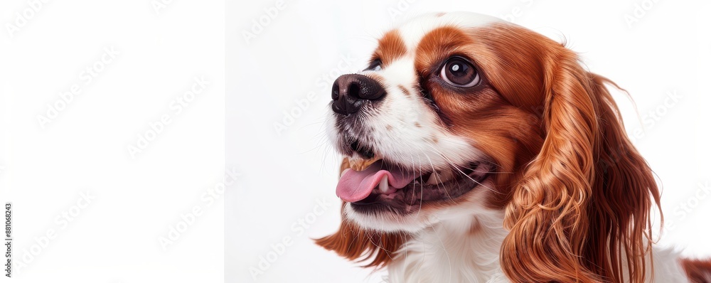 A dog king charles spaniel with brown and white fur is looking at the camera. Free copy space for banner. A dog king charles spaniel with brown and white fur is looking at the camera. Free copy space for banner.