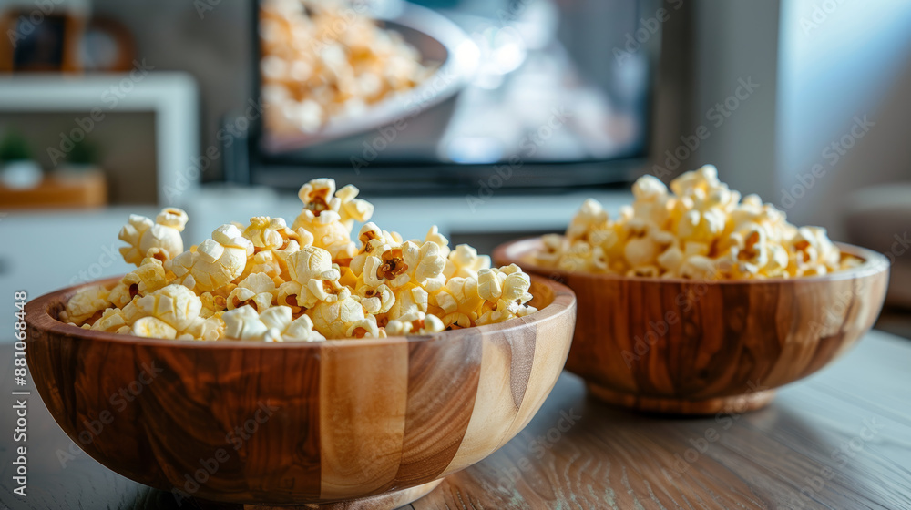 Two Wooden Bowls of Fresh Popcorn: The foreground features two wooden bowls brimming with fresh, fluffy popcorn. The natural texture and warm tone of the wood contrast beautifully with the golden-yell Two Wooden Bowls of Fresh Popcorn: The foreground features two wooden bowls brimming with fresh, fluffy popcorn. The natural texture and warm tone of the wood contrast beautifully with the golden-yell