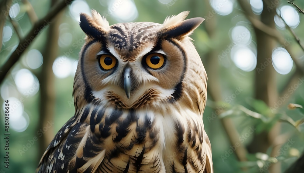 Fototapeta premium A great horned owl with its distinctive facial disk and tufted ears, sitting on a tree branch during the day