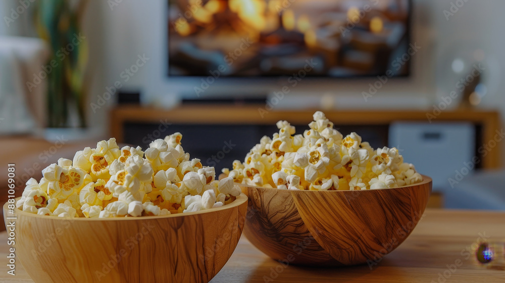 Two Wooden Bowls of Fresh Popcorn: The foreground features two wooden bowls brimming with fresh, fluffy popcorn. The natural texture and warm tone of the wood contrast beautifully with the golden-yell Two Wooden Bowls of Fresh Popcorn: The foreground features two wooden bowls brimming with fresh, fluffy popcorn. The natural texture and warm tone of the wood contrast beautifully with the golden-yell
