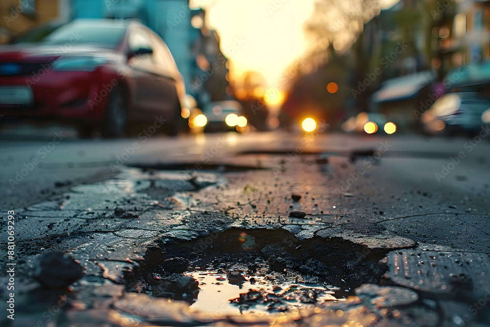 damaged asphalt pavement road with potholes in city car is nearby damaged asphalt pavement road with potholes in city car is nearby