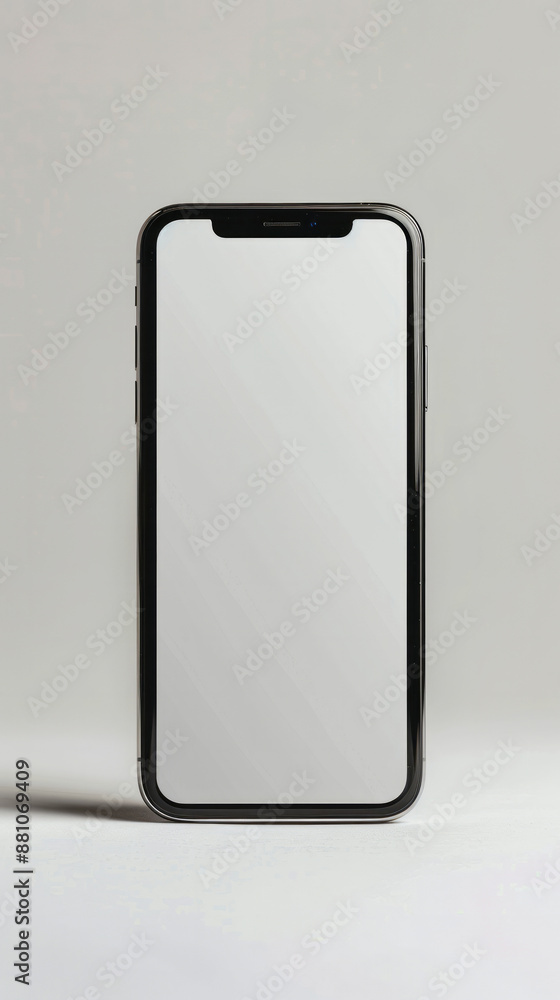 Minimalist black smartphone with blank white screen isolated on a plain gray background Minimalist black smartphone with blank white screen isolated on a plain gray background