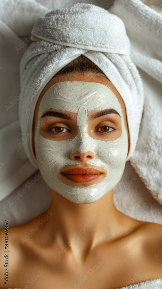 Woman enjoying a relaxing spa day with a facial mask and towel on her head, perfect for beauty and skincare themes Woman enjoying a relaxing spa day with a facial mask and towel on her head, perfect for beauty and skincare themes