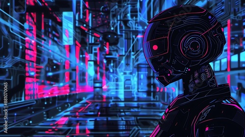 A dark figure with a glowing red eye stands in a futuristic city. The city is full of bright lights and tall buildings.