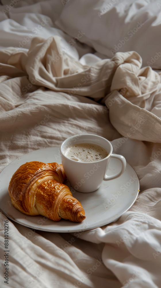 Cozy Breakfast in Bed: Fresh Croissant and Hot Coffee on a White Plate on Soft Rumpled Bed Sheets Cozy Breakfast in Bed: Fresh Croissant and Hot Coffee on a White Plate on Soft Rumpled Bed Sheets