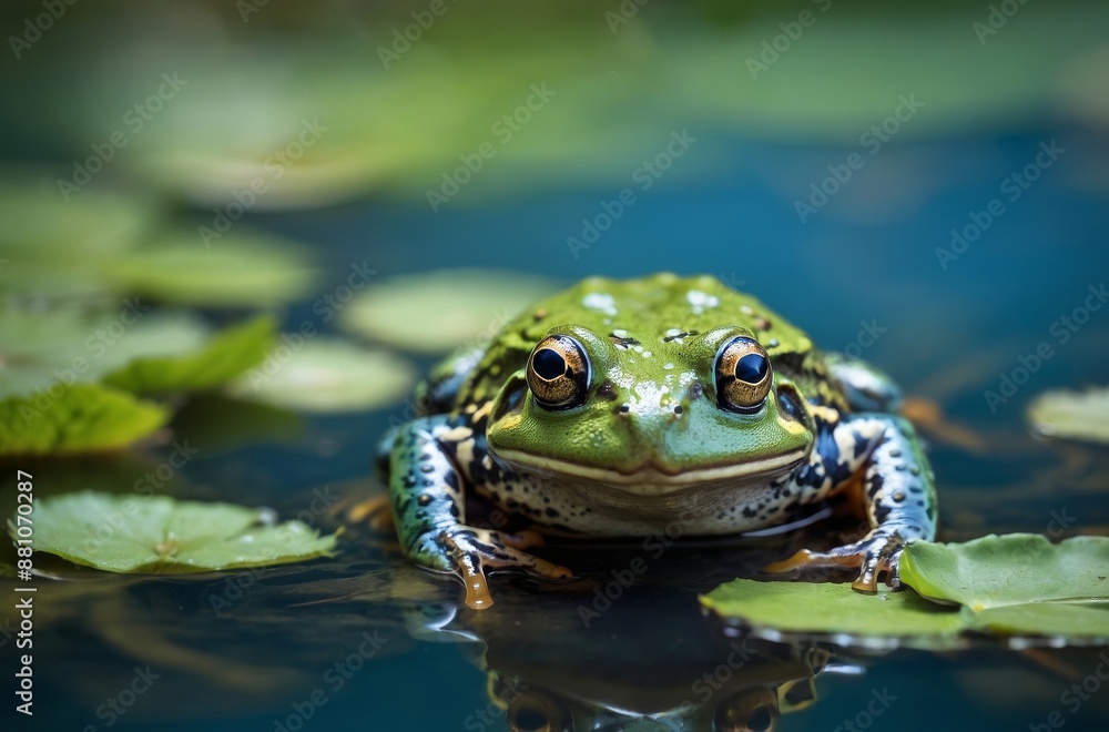 Close-up of green frog in pond water lily Close-up of green frog in pond water lily