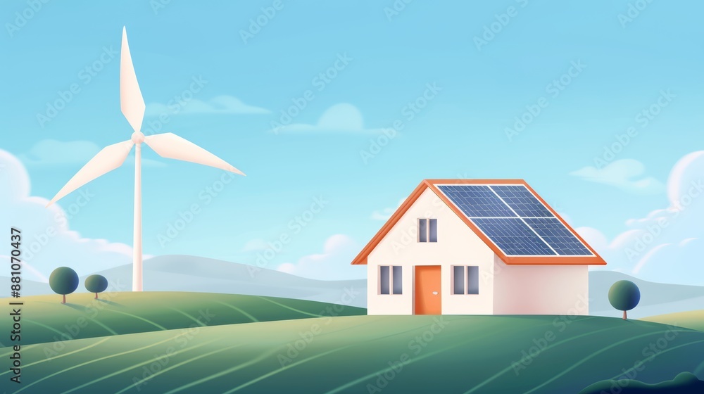 Renewable energy, flat design, side view, sustainable living theme, cartoon drawing, split-complementary color scheme, very detailed, a high-resolution photo Renewable energy, flat design, side view, sustainable living theme, cartoon drawing, split-complementary color scheme, very detailed, a high-resolution photo