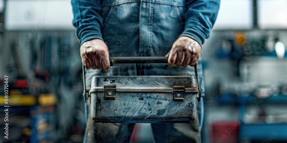 Mechanic Holding Toolbox in Workshop. Generative ai Mechanic Holding Toolbox in Workshop. Generative ai