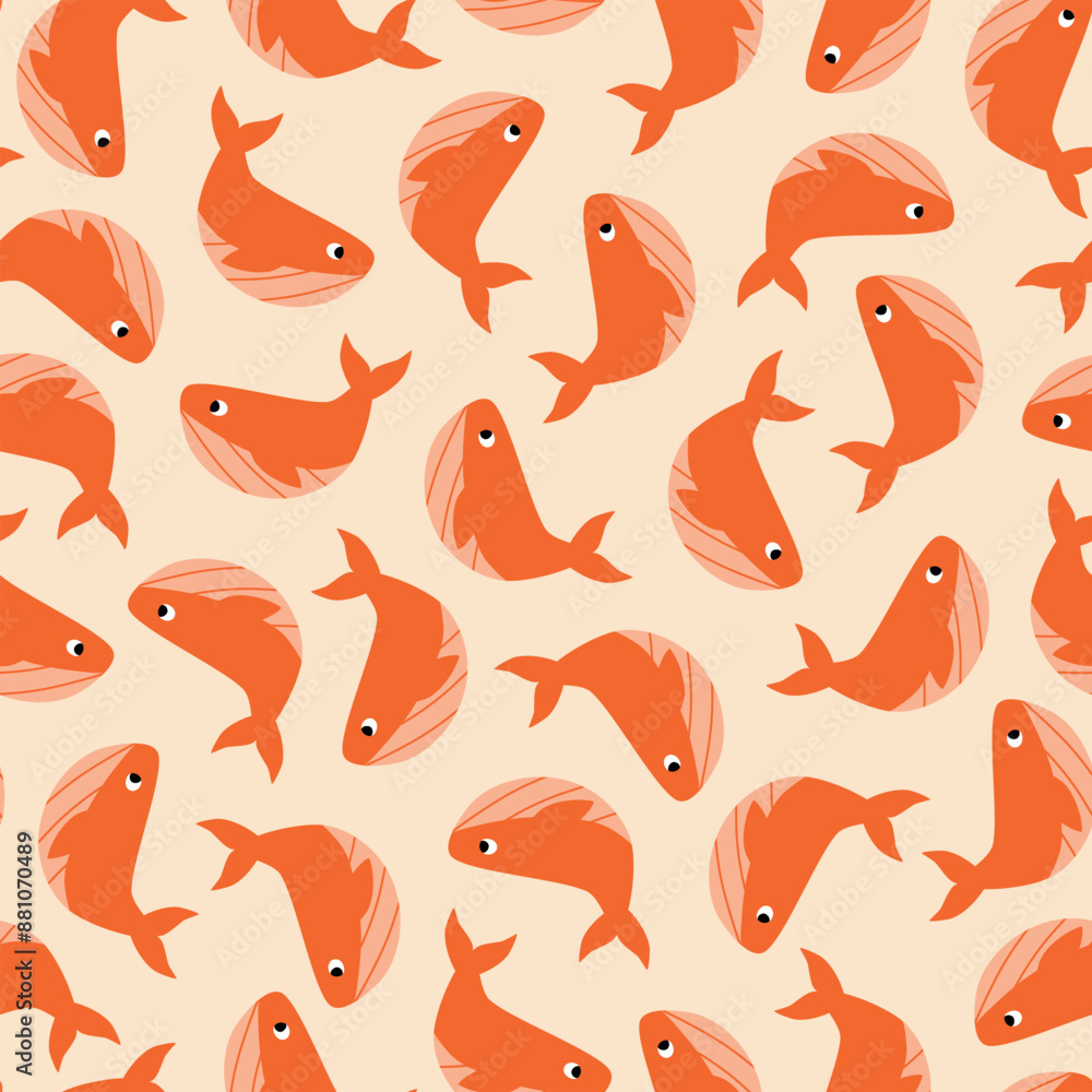 Naklejka premium Adorable red whales hand drawn vector illustration. Funny fish seamless pattern for kids fabric or wallpaper.