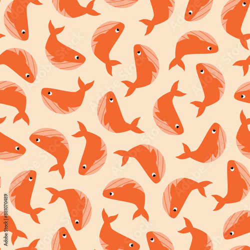 Adorable red whales hand drawn vector illustration. Funny fish seamless pattern for kids fabric or wallpaper.