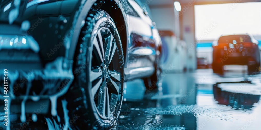 Car Washing in Process with Focus on Wheel. Generative ai Car Washing in Process with Focus on Wheel. Generative ai