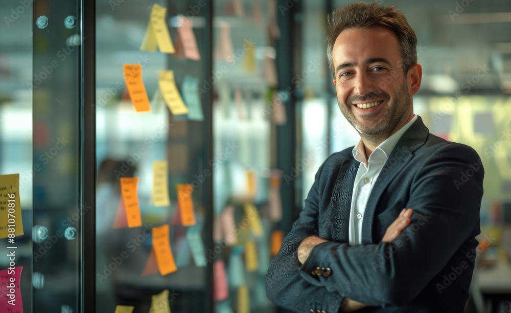 businessman in a suit smiling and standing with arms crossed on the glass wall of a modern office room businessman in a suit smiling and standing with arms crossed on the glass wall of a modern office room