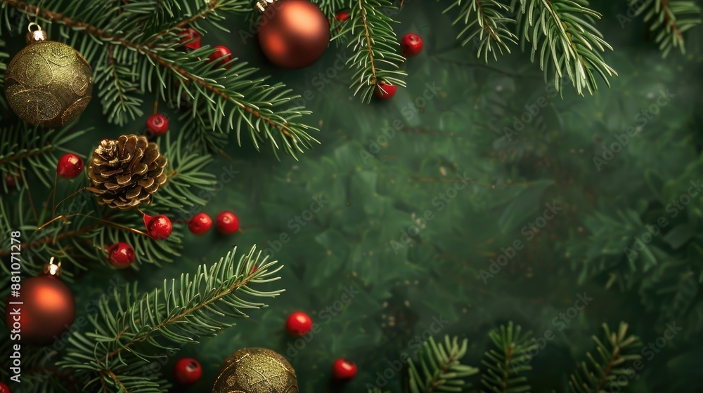 Festive backdrop ornaments with spruce branch Festive backdrop ornaments with spruce branch
