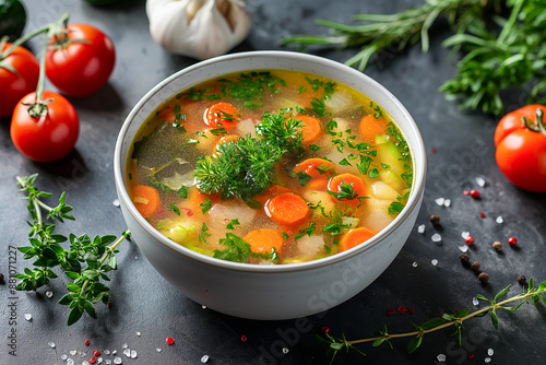 tasty and healthy hot chicken beef bone broth, soup in a white bowl with vegetables, carrot, tomato and garlic