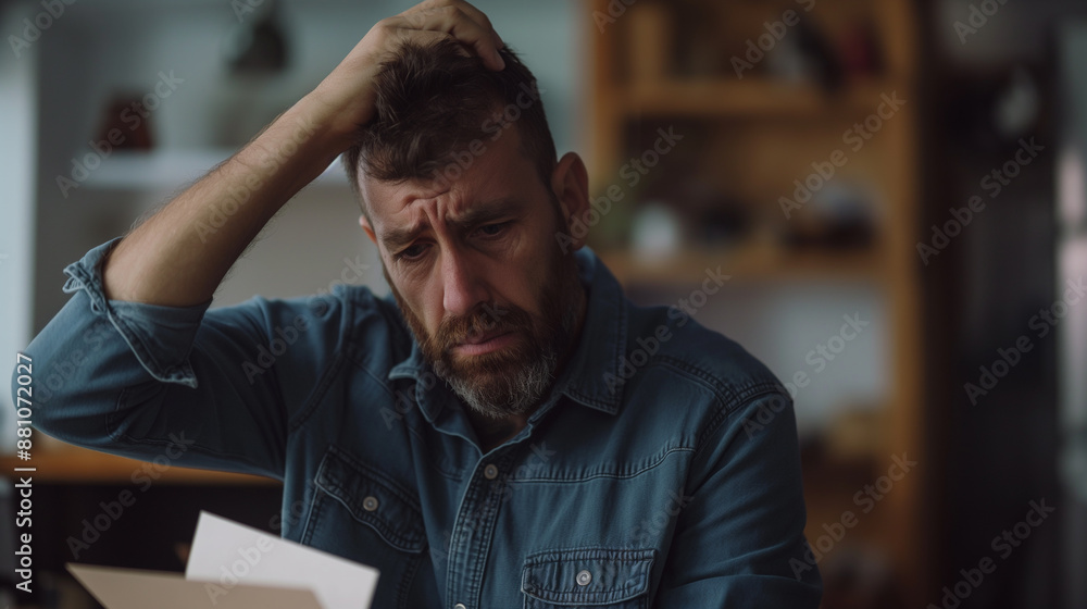 Middle aged bearded man sadly reading mail because of received some sad news Middle aged bearded man sadly reading mail because of received some sad news