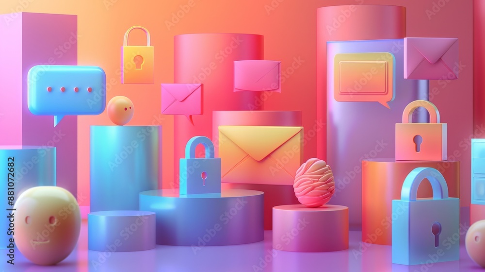 Abstract 3D Render with Colorful Geometric Shapes and Icons Abstract 3D Render with Colorful Geometric Shapes and Icons