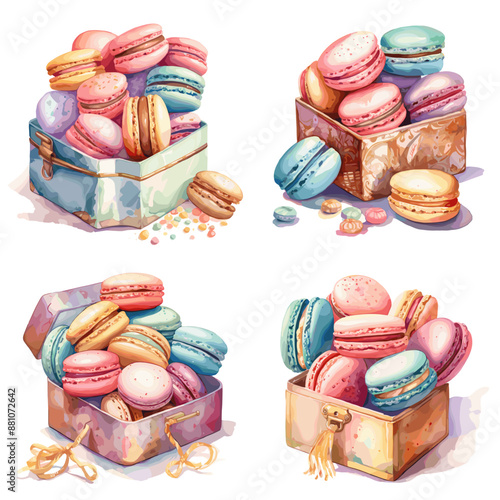 A box of assorted colored macarons is shown in four different colors