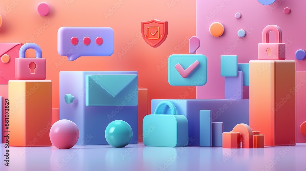 Abstract 3D Composition with Security Symbols and Geometric Shapes Abstract 3D Composition with Security Symbols and Geometric Shapes