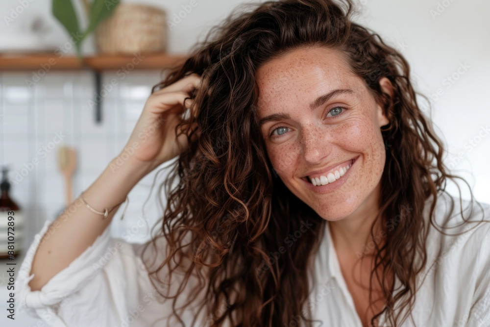 Portrait of happy young attractive woman with long curly hair at home Portrait of happy young attractive woman with long curly hair at home