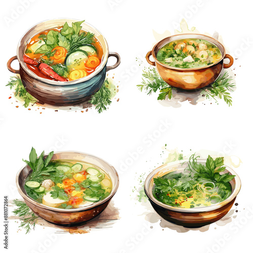 Four bowls of soup with green herbs on top