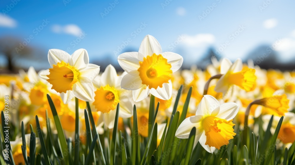 Fototapeta premium Bright yellow daffodils in lush spring field