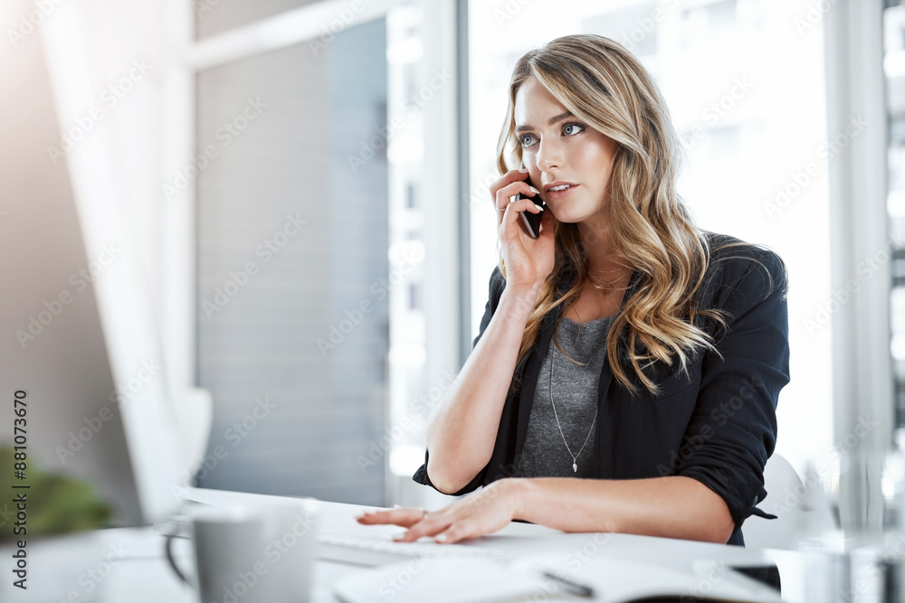 Phone call, online and keyboard on desk, woman and typing of employee with research on computer with notes. Business, digital and bookkeeper with report of finance in corporate and morning in office Phone call, online and keyboard on desk, woman and typing of employee with research on computer with notes. Business, digital and bookkeeper with report of finance in corporate and morning in office