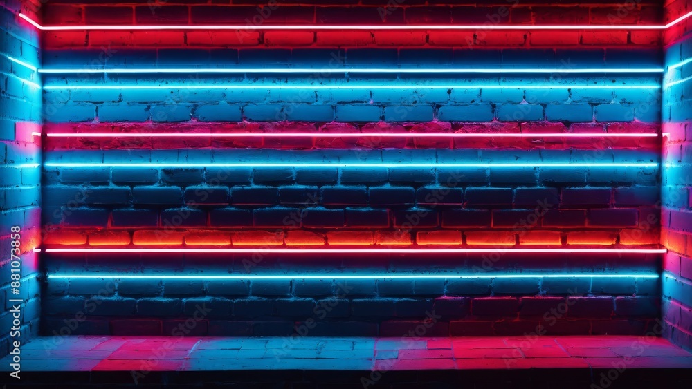 black brick wall background with pink purple and blue neon lighting effects. shining lights on empty brick wall background