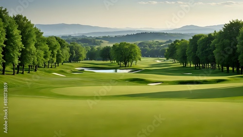 Serene landscape with rolling green hills and a tranquil lake. photo