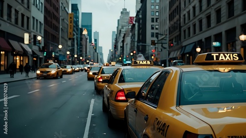 Yellow cabs lined up in a busy city street.