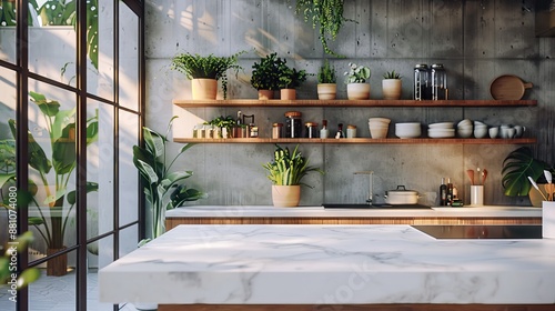 Empty kitchen island with marble surface in foreground, green vintage countertop with drawers and pendant lights hanging above. AI generated illustration © Gulafshan