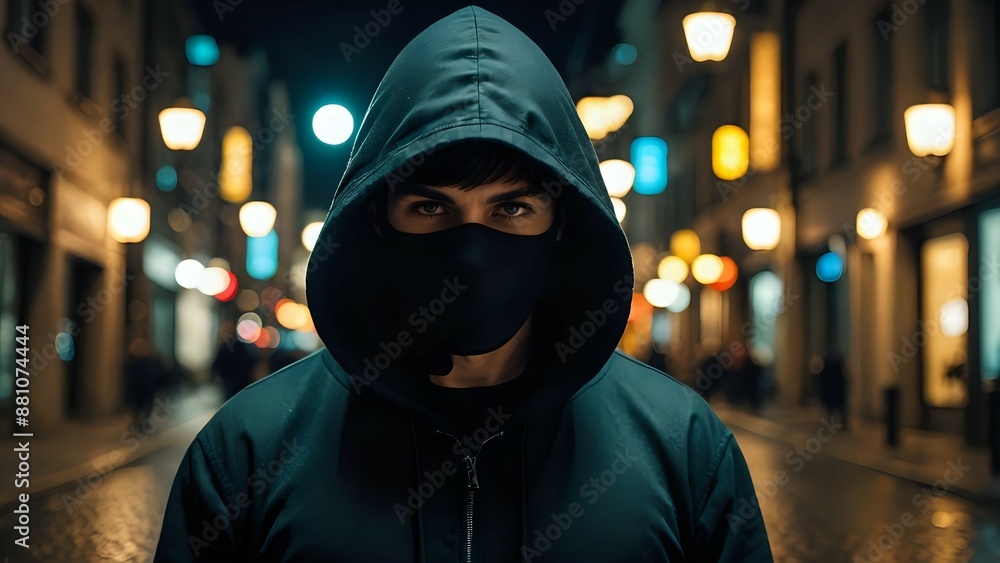 Mysterious man in a dark hooded jacket and face mask standing on a street at night with bokeh lights. Mysterious man in a dark hooded jacket and face mask standing on a street at night with bokeh lights.