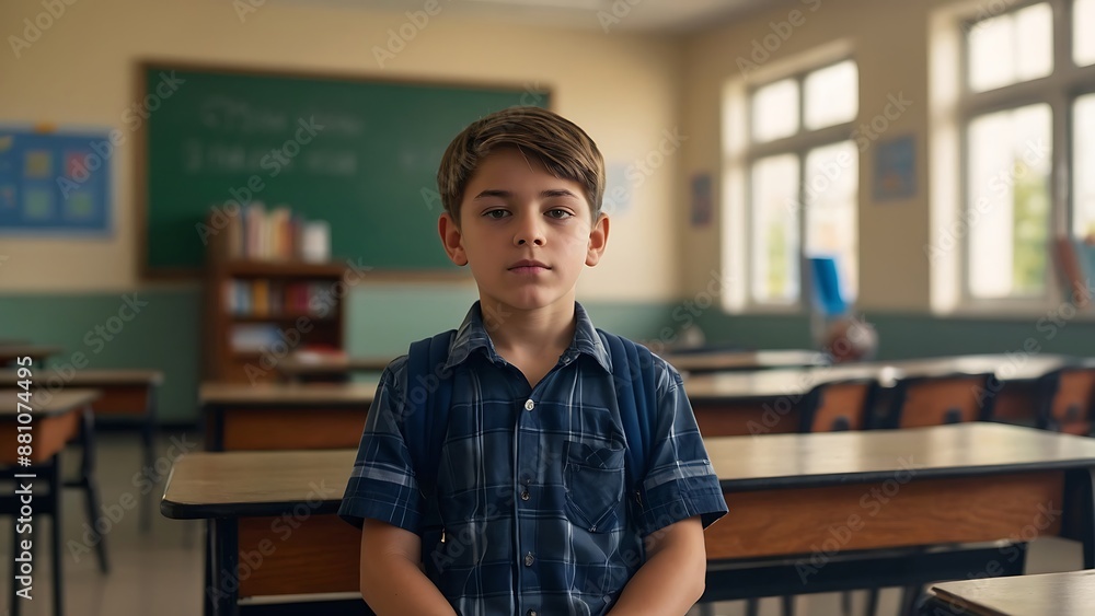 Fototapeta premium Happy student modern school boy wearing uniform holding books and bag, Back to school