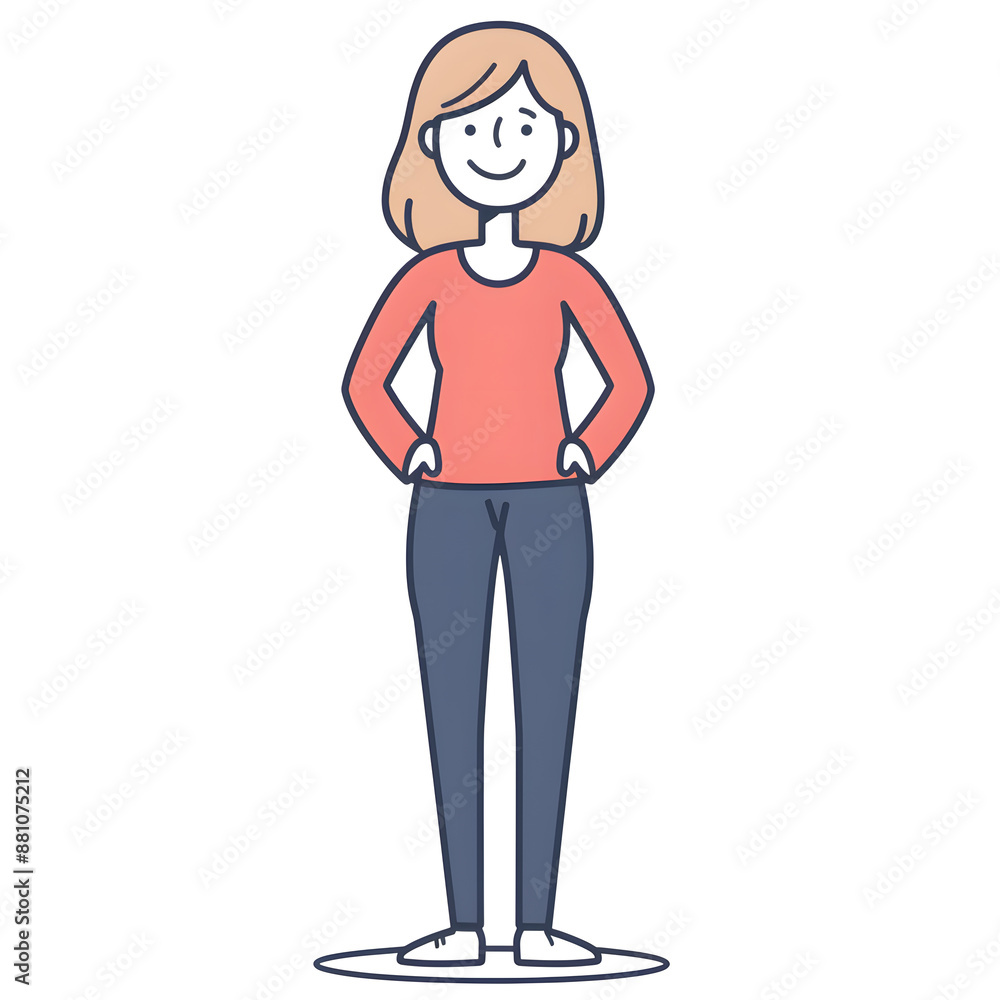 Cartoon woman smiling, full body standing, isolated on white background. Flat design, Solid color. Cartoon woman smiling, full body standing, isolated on white background. Flat design, Solid color.