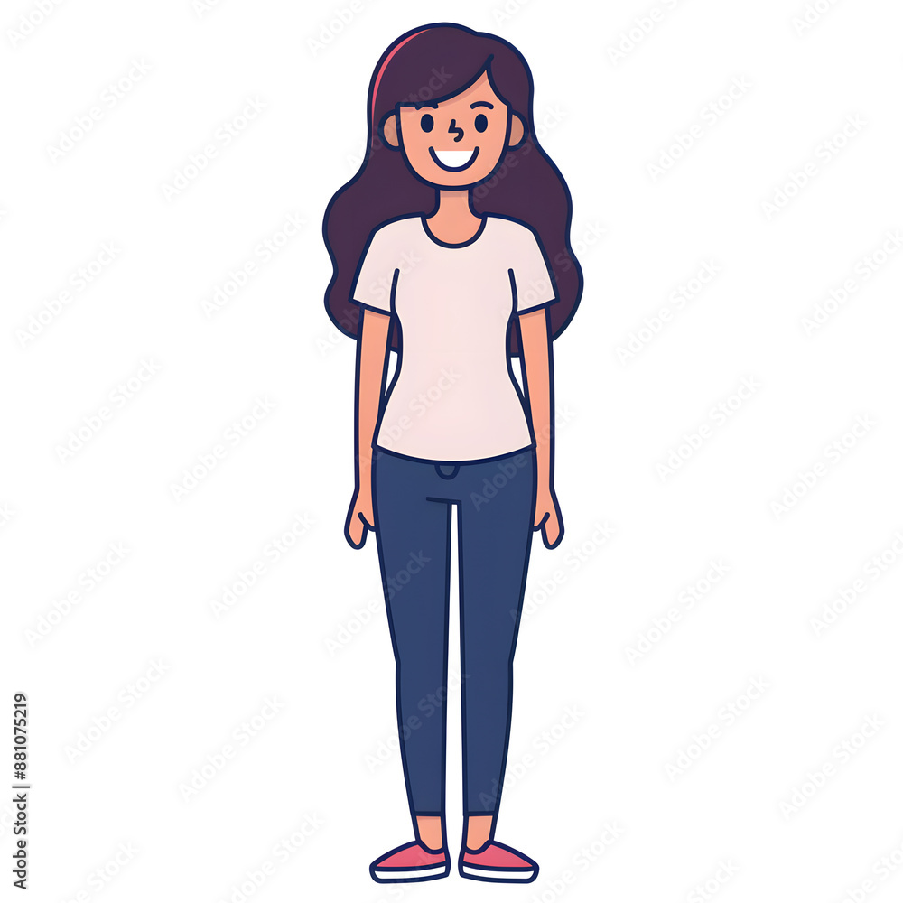 Fototapeta premium Cartoon woman smiling, full body standing, isolated on white background. Flat design, Solid color.