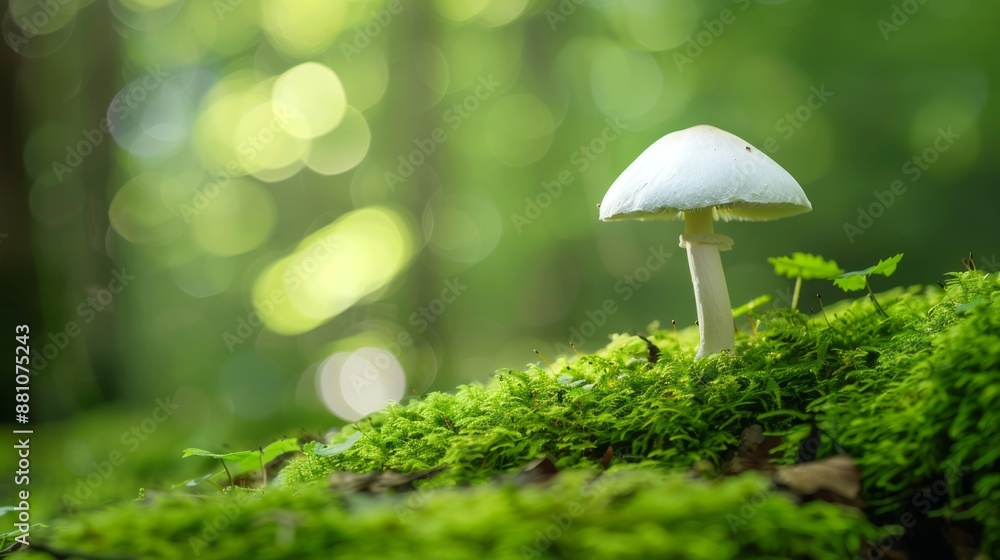 Close-up of a white mushroom in a lush green forest. Concept of nature, fungi, wildlife, ecosystem. Copy space Close-up of a white mushroom in a lush green forest. Concept of nature, fungi, wildlife, ecosystem. Copy space