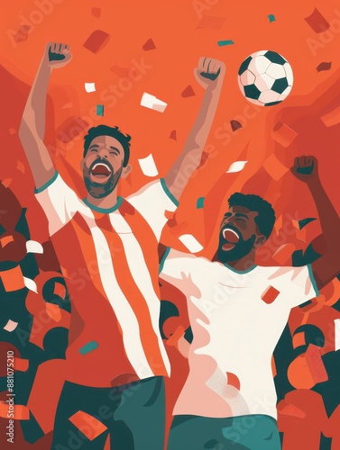 two men celebrating in front of a soccer ball photo