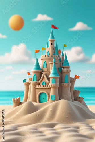 Summer holiday beach scene with sand castle and beach.