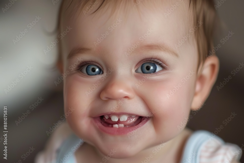 Smiling baby with blue eyes and first teeth showing Smiling baby with blue eyes and first teeth showing