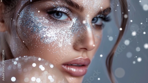 A woman with glitter makeup and long brown hair looks to the side. She has blue eyes and is wearing a light pink lipstick. Snow is falling around her.