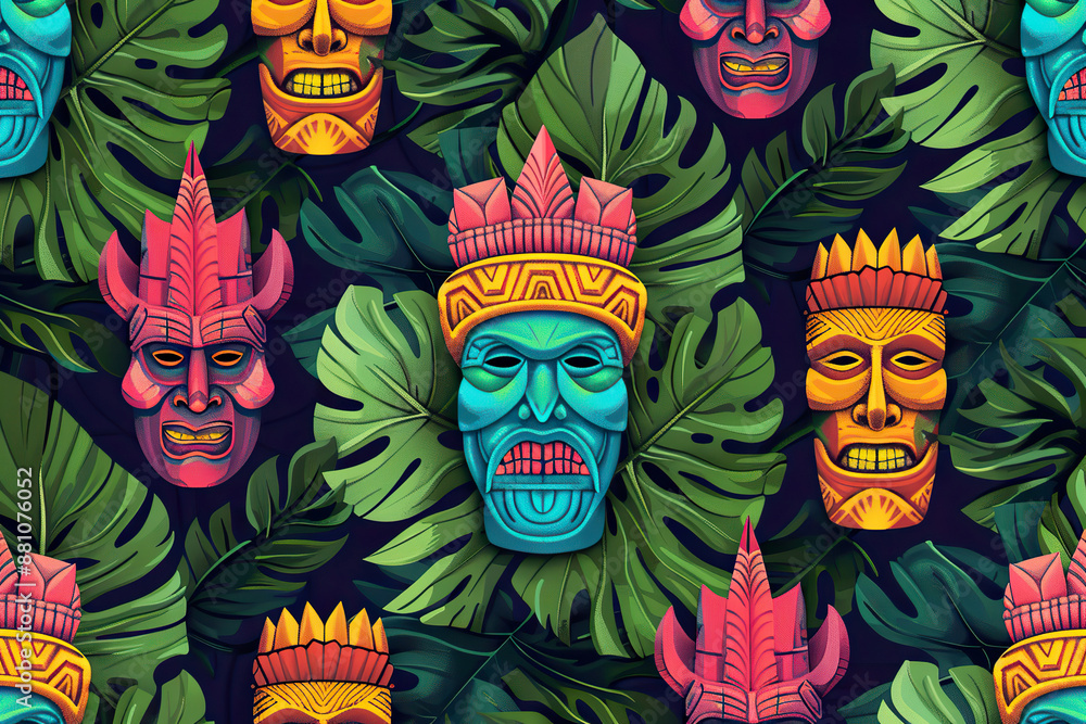 Obraz premium A colorful pattern of masks with one of them having a blue face, generative ai image..